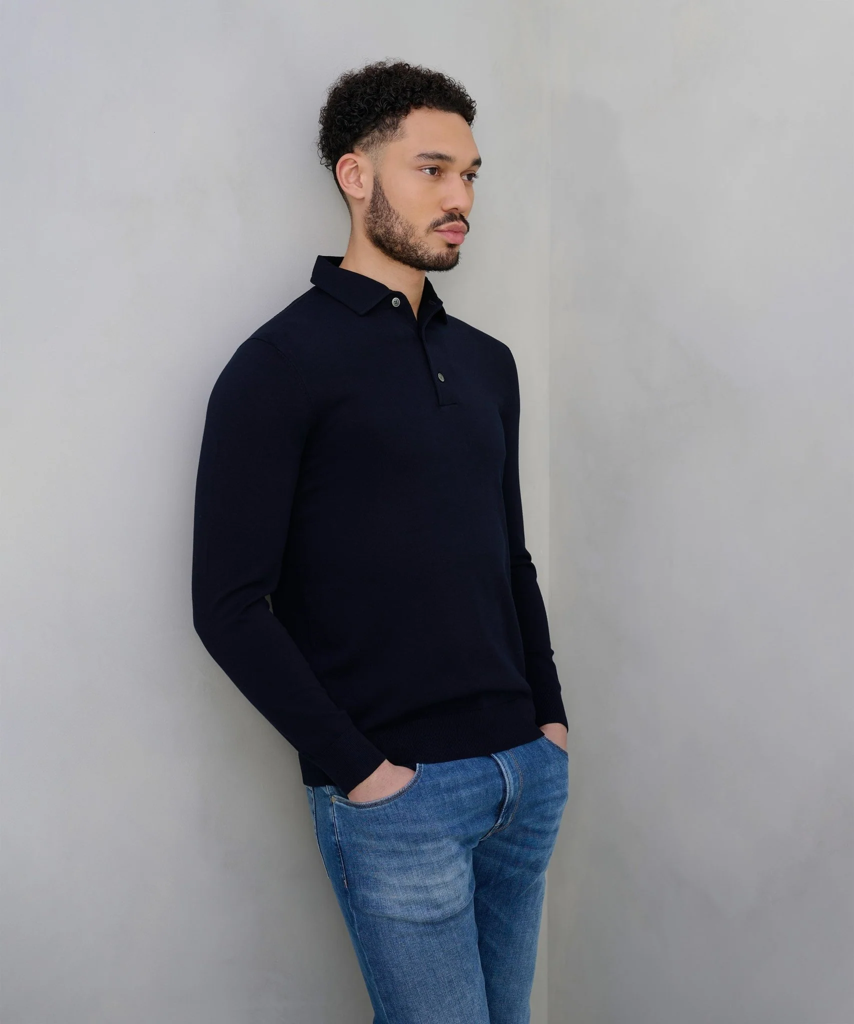 Luxury basic long sleeve one piece polo Tencel/katoen/zijde donkerblauw - Image 3