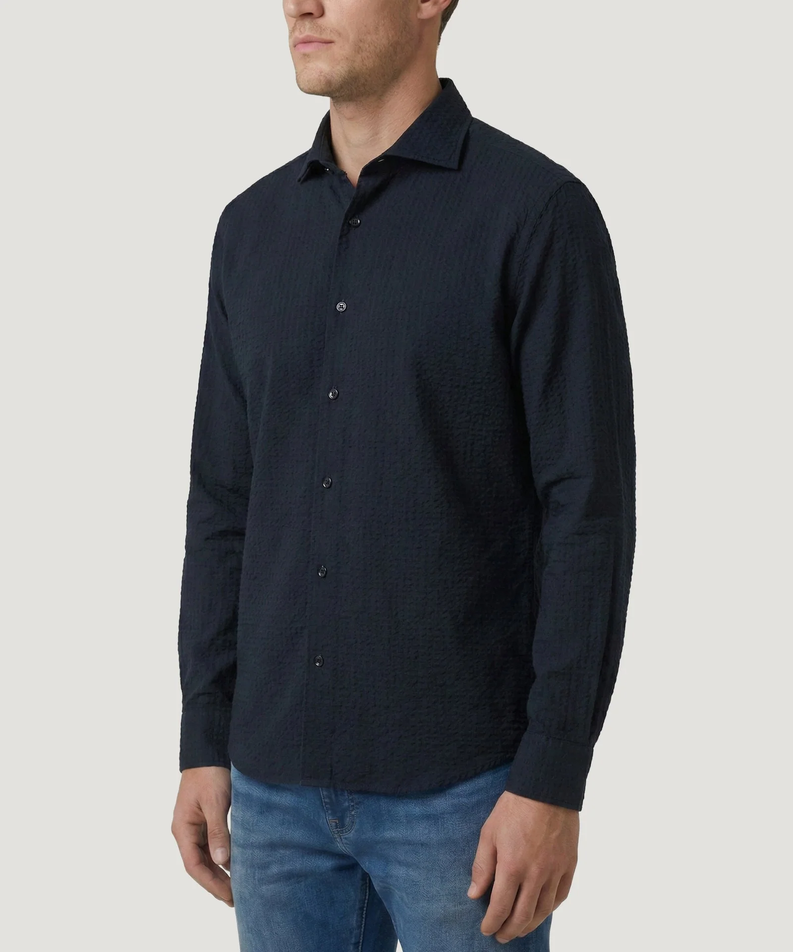 Relaxed fit casual shirt katoen seersucker donkerblauw - Image 2