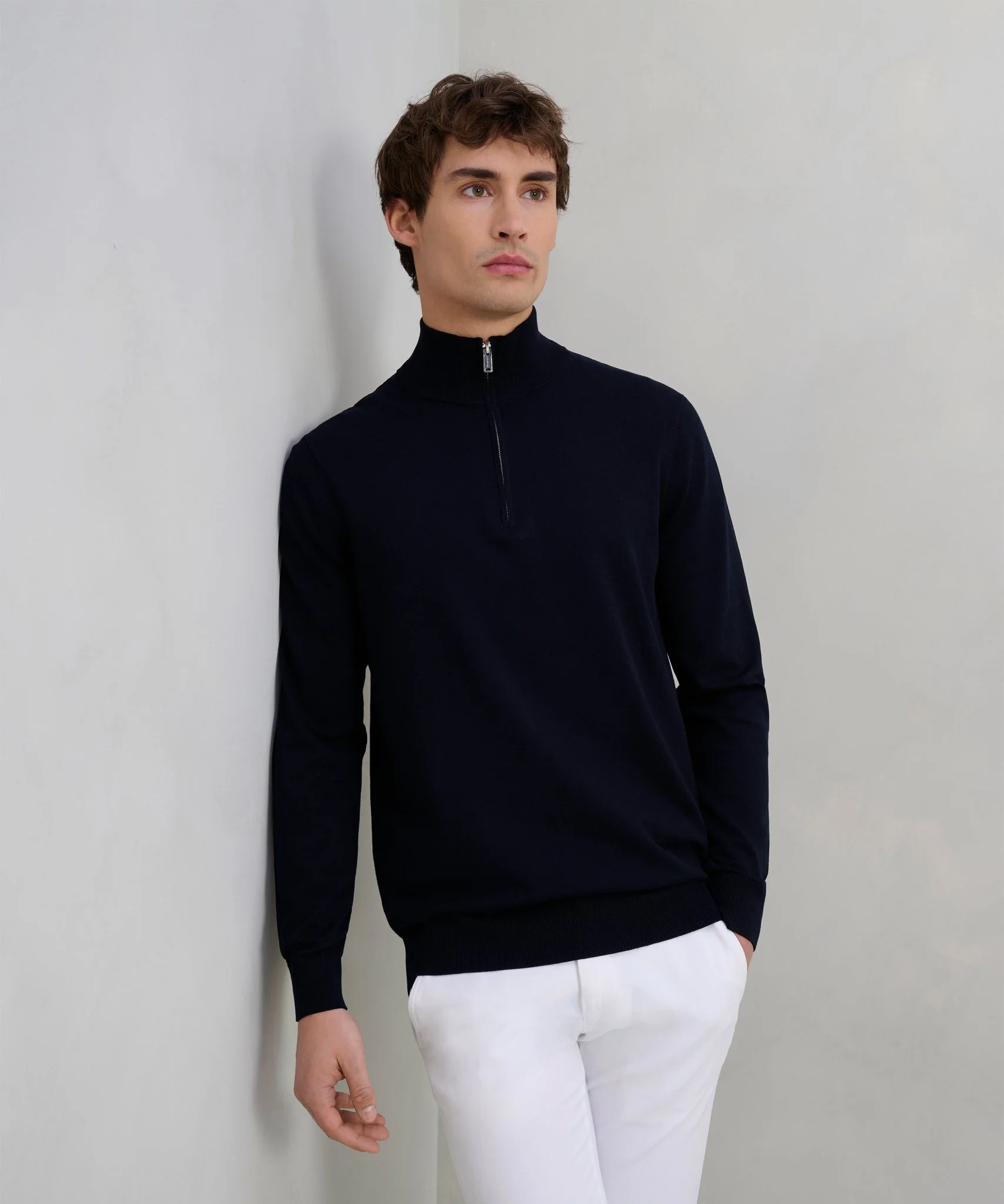 Luxury basic half-zip trui Tencel/katoen/zijde donkerblauw - Image 3
