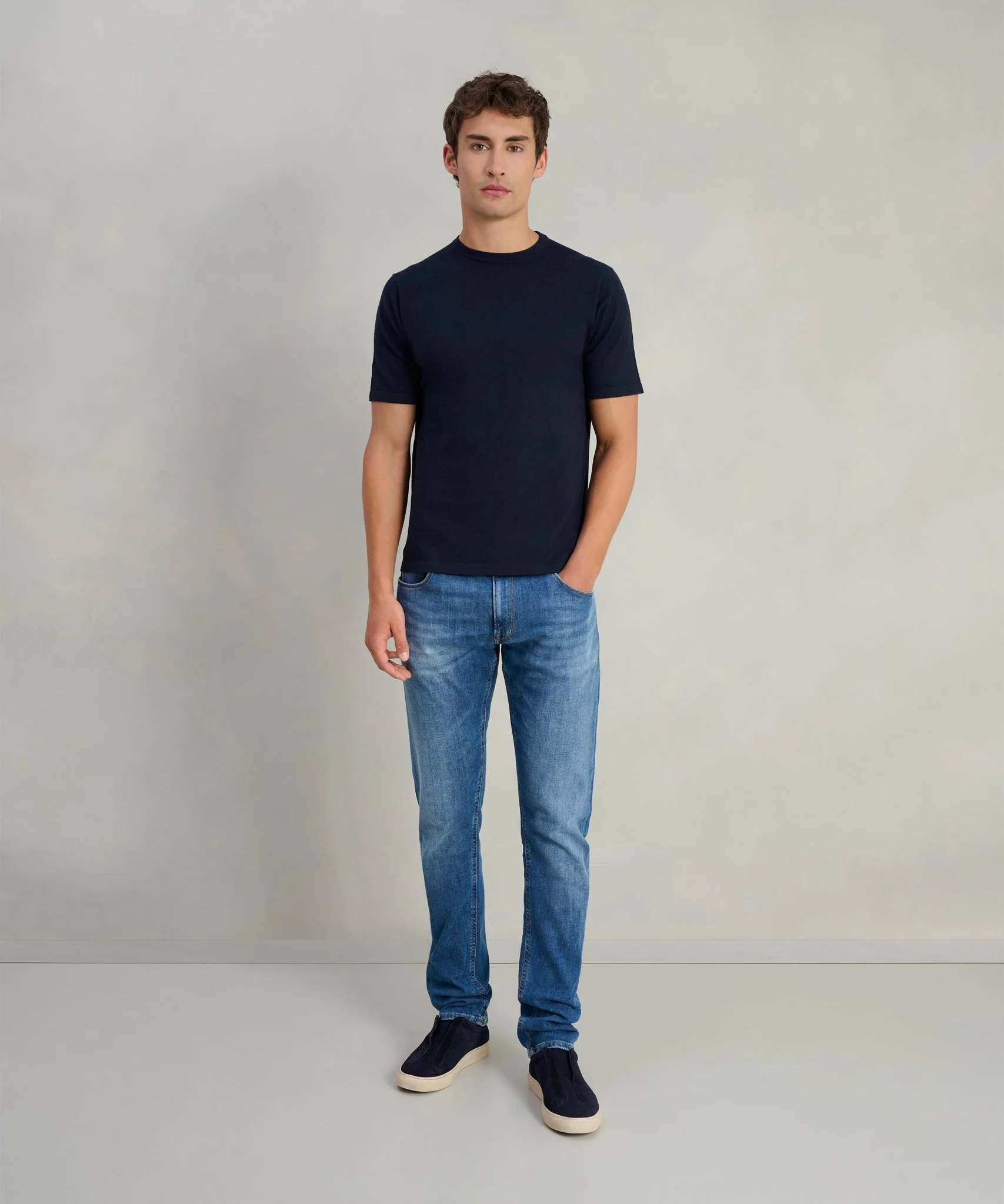 T-shirt katoen/zijde/kasjmier donkerblauw - Image 2