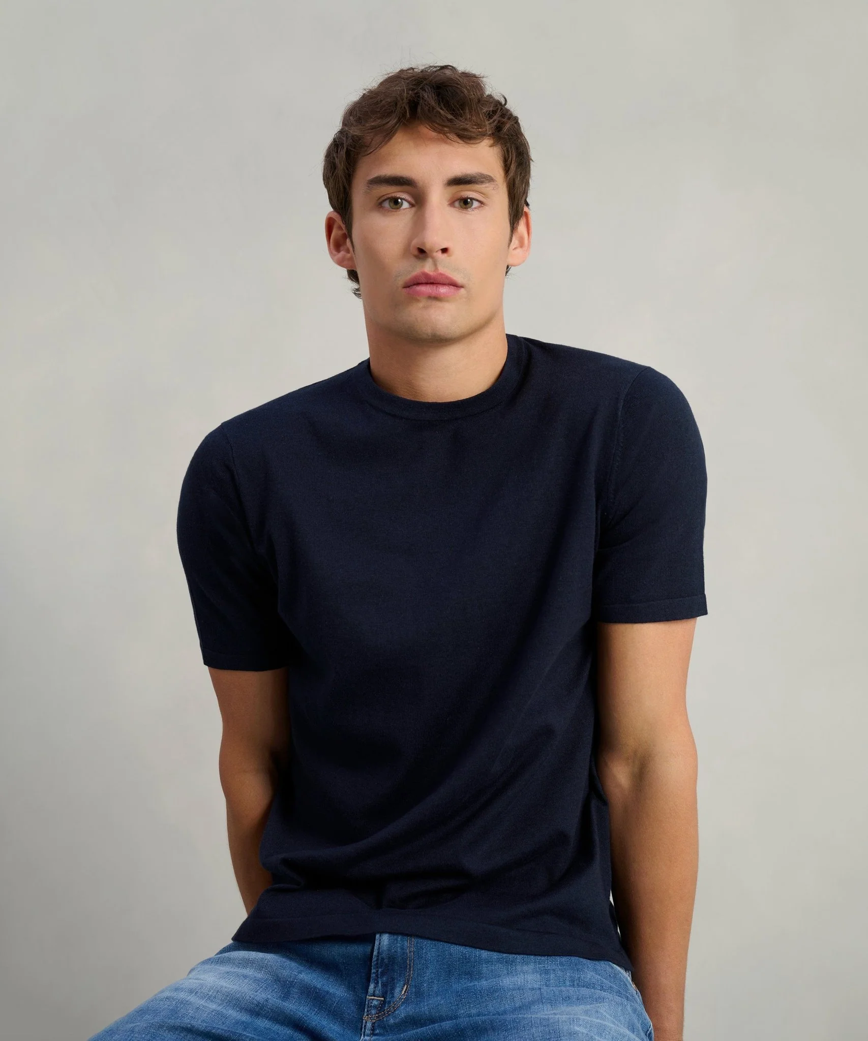 T-shirt katoen/zijde/kasjmier donkerblauw - Image 3